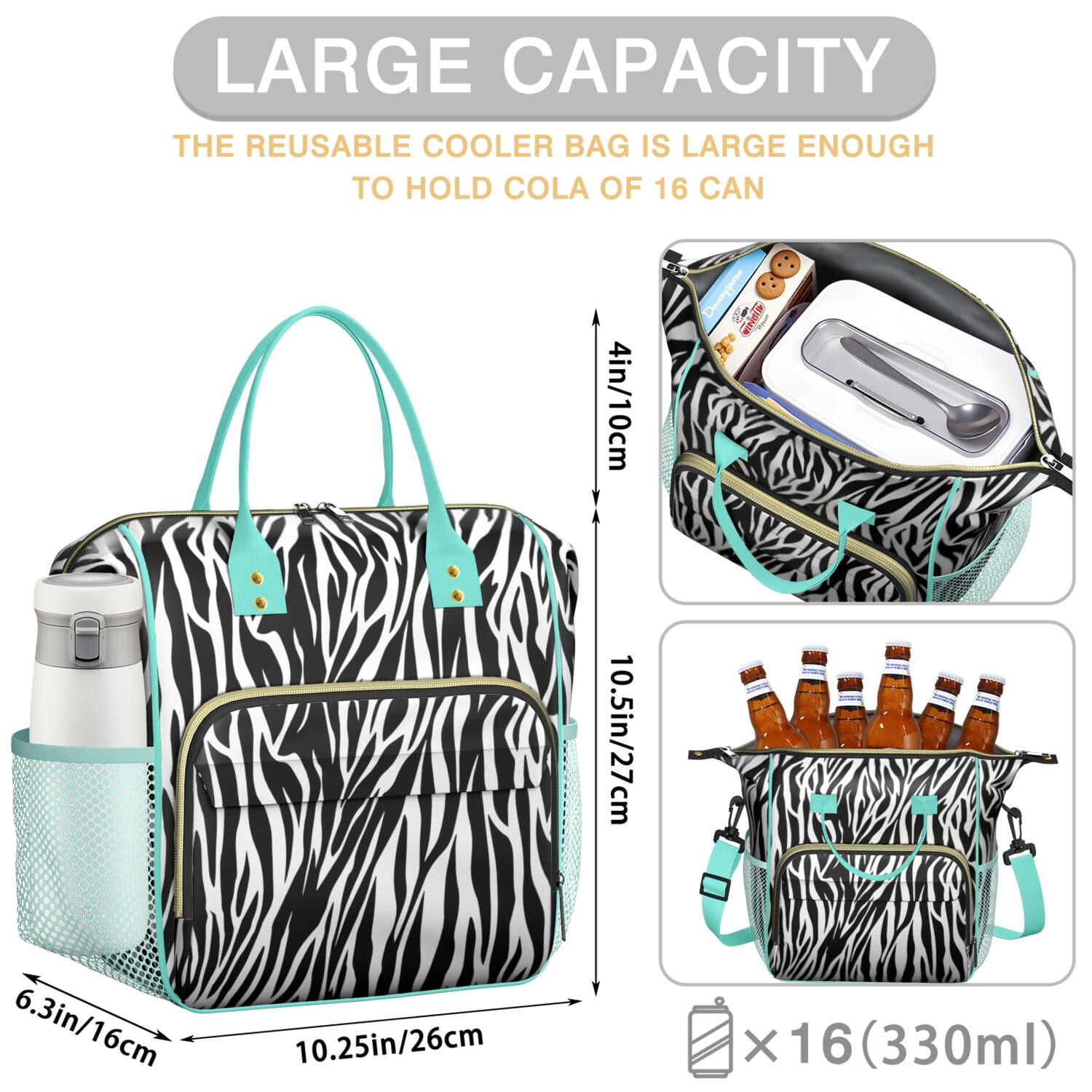 Zebra Stripes Aesthetic Lunch Box – Black & White Abstract Zebra Print Insulated Cooler Bag Leakproof Reusable Tote with Strap for Office Beach or Gift