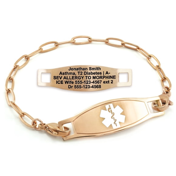 MedicEngraved Rose Gold Stainless Steel Custom Medical Alert Bracelet - 4mm Paperclip Link