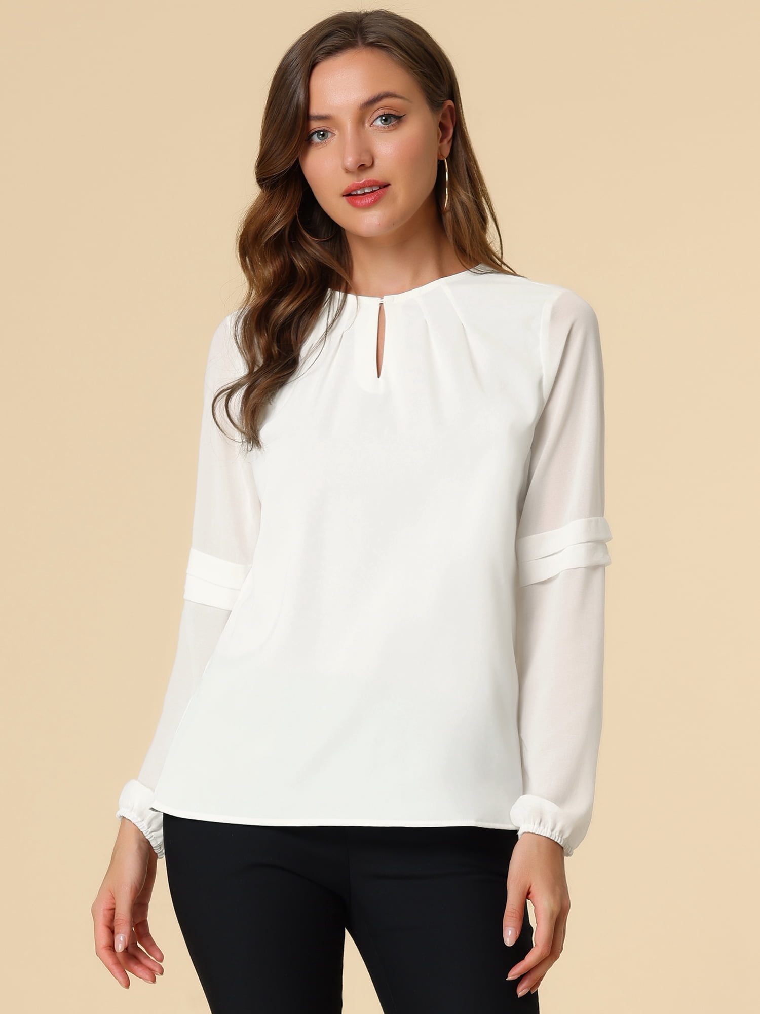 DARING DIVA Chiffon Semi Sheer Long Sleeves Keyhole Neck Blouse 2XL White