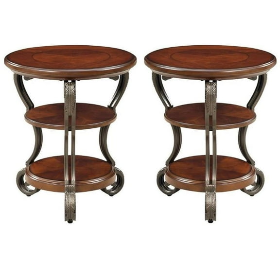Home Square Azea Traditional Wood 2-Shelf Side Table Brown Cherry - Set of 2