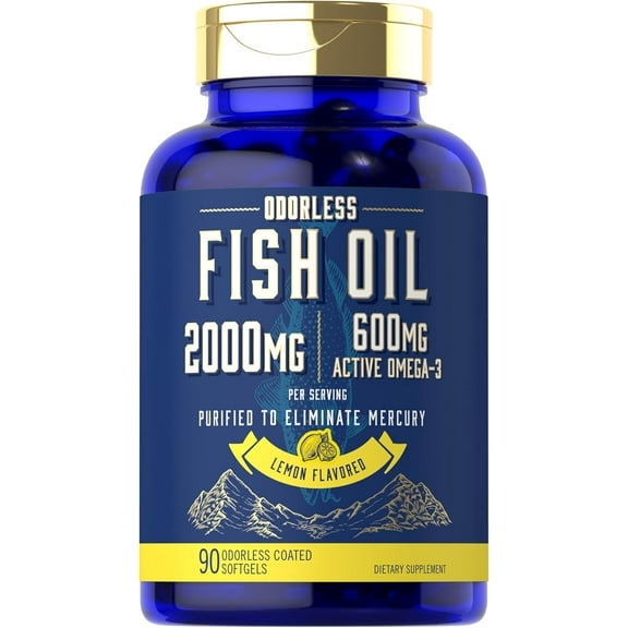 Fish Oil Pills 2000mg | 600mg Omega 3 | 90 Odorless Softgels | Lemon Flavored | By Carlyle