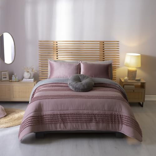 Vianney - Blossom Twin Comforter Set 3-Piece: Includes Comforter, Pillowcase & Decorative Pillow - Reversible Grey/Rose Pink Striped Design - Lightweight, All-Season, Easy to Wash