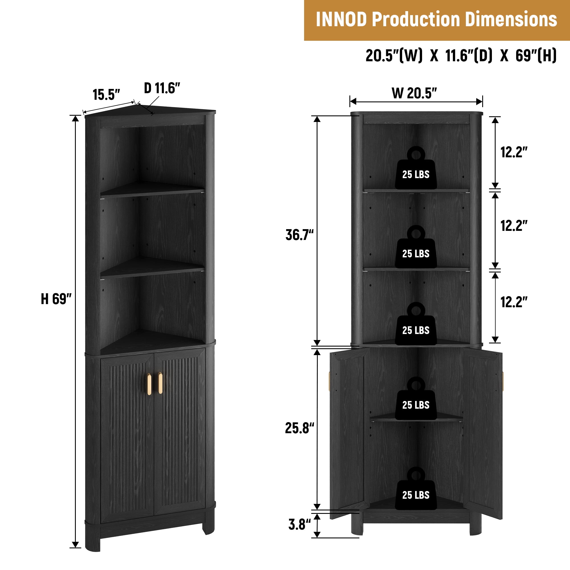 68" Tall Fluted Corner Cabinet for Bathroom, Modern Living Room & Kitchen - 5 Adjustable Shelves, Space-Saving Black Storage, Curved Profile Design