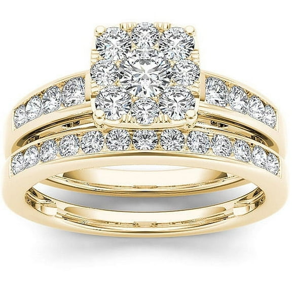 1 Carat T.W. Diamond 10kt Yellow Gold Cushion-Shape Cluster Engagement Ring Set
