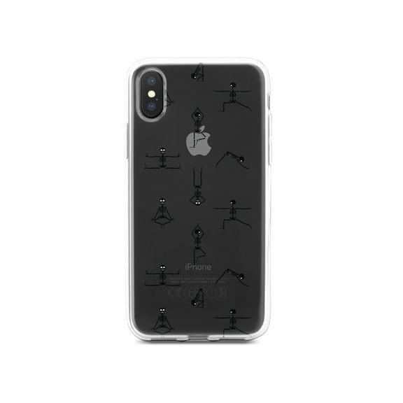 DistinctInk Clear Shockproof Hybrid Case for iPhone XR (6.1" Screen) - TPU Bumper, Acrylic Back, Tempered Glass Screen Protector - Yoga Skeletons