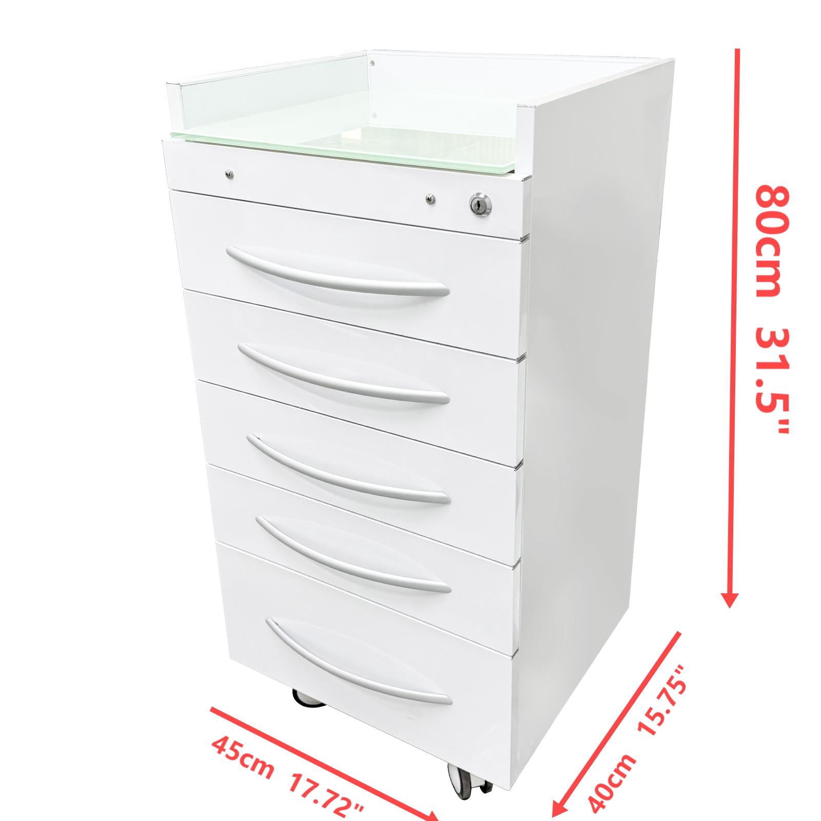 5 Drawers Dental Assistant Mobile Cabinet Office File Storage Cart Lockable Moving Side Cabinet with Lock and 2 Pallets White