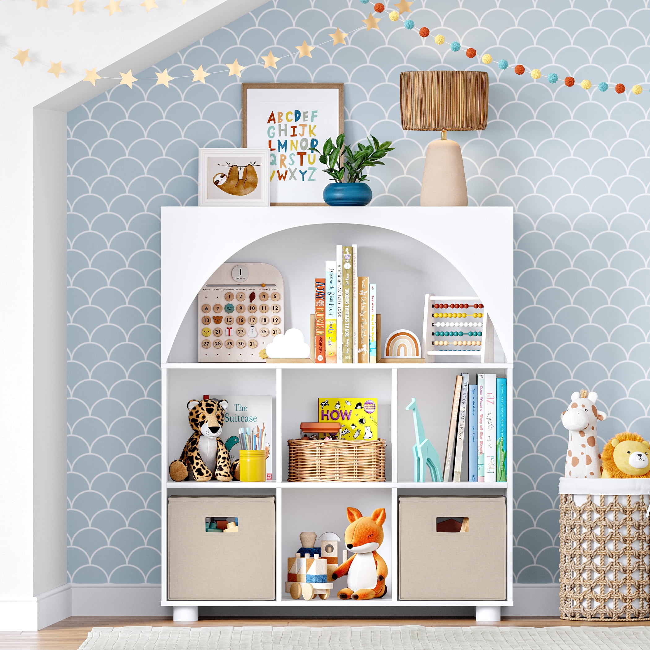 RiverRidge Kid Curve Appeal 35in Arched Bookcase with Cubby Storage Shelf and 2 Taupe Bins