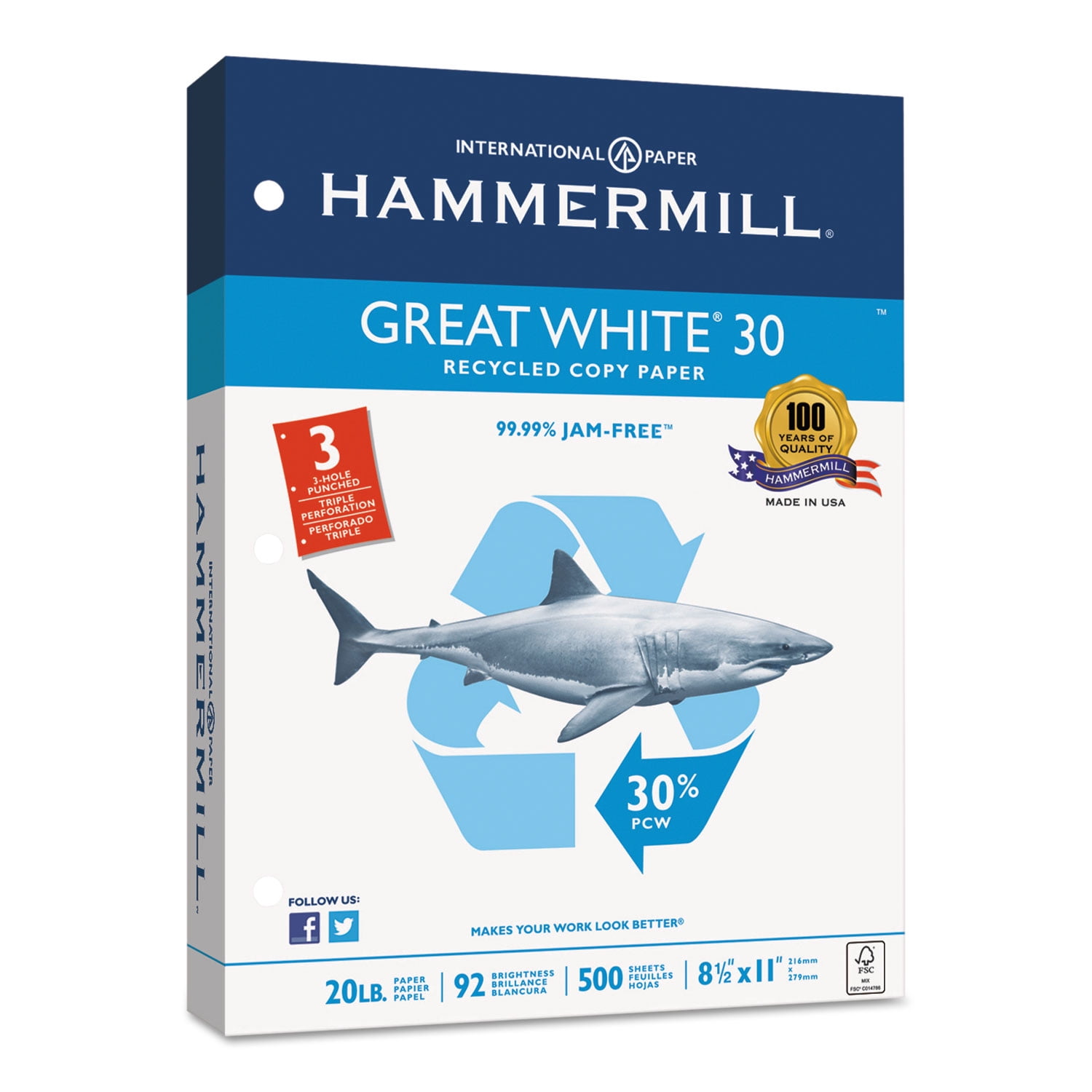Hammermill Great White Recycled Copy 3-Hole Punched 92 Brightness 20lb Letter 5000/Ctn 86702, Paper