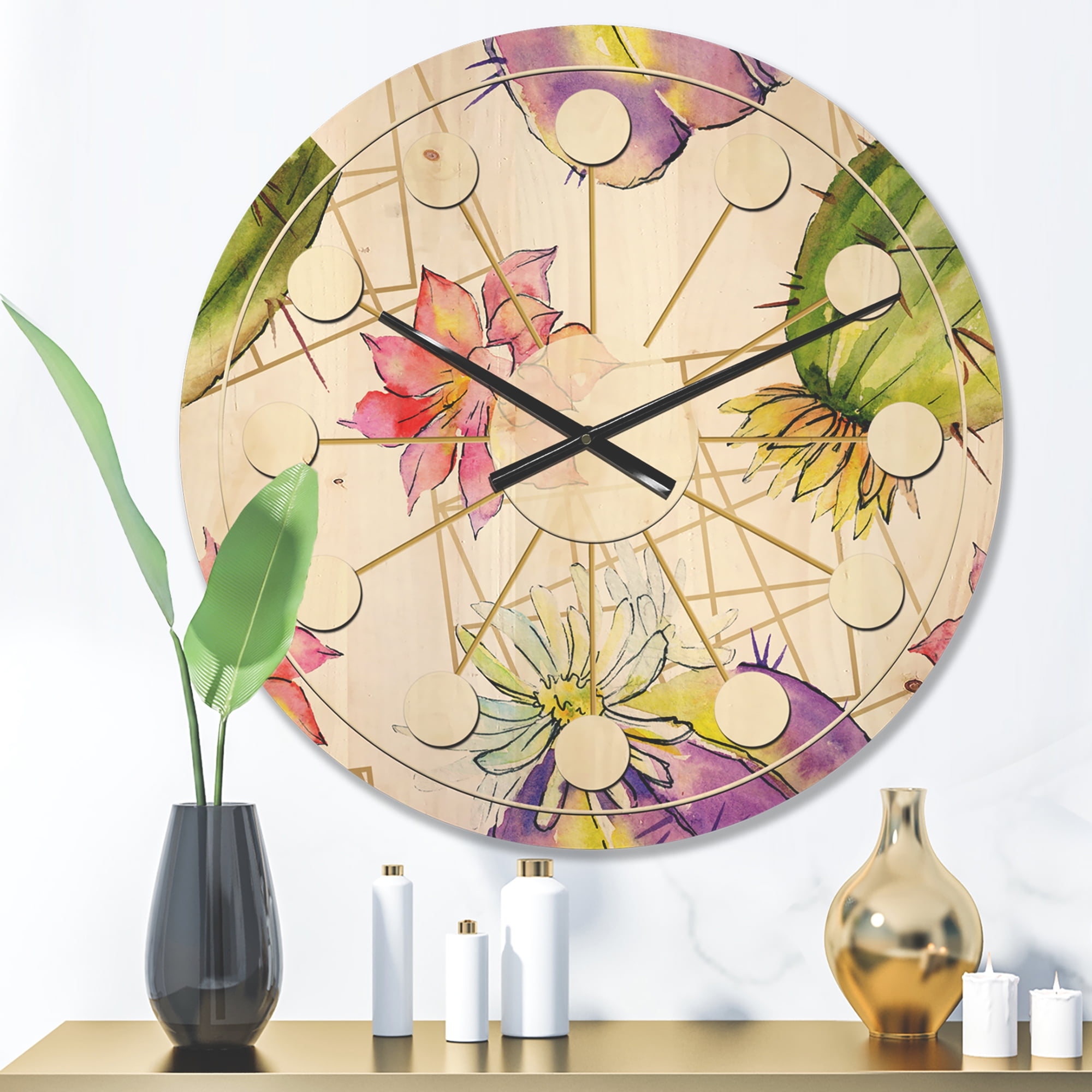 Designart 'Green Cactus Pattern On White' Mid-Century Modern Wood Wall Clock