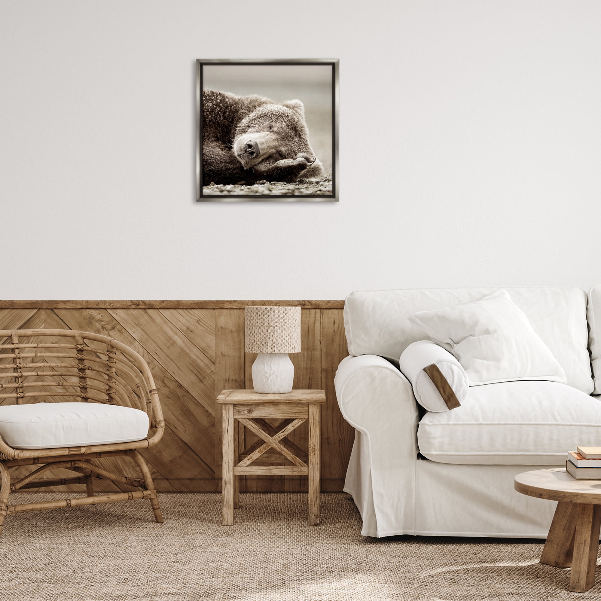 Stupell Industries Cozy Sleeping Bear Animals & Insects Photography Gray Floater Framed Canvas Art Print Wall Art, 25 x 25
