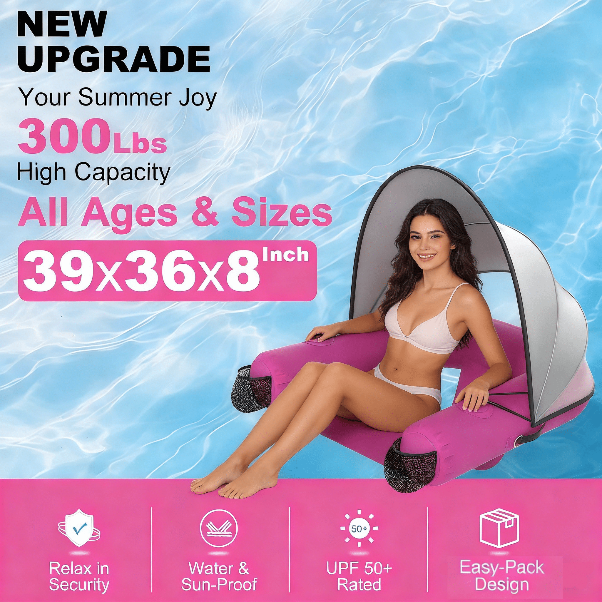 Pipopa Adult Inflatable Pool Floats&nbsp;with UPF50+ & Rain Canopy,2 Large Drink Holders,Inflatable Lounger Float for Swimming Pool,Beach,Party,Pink