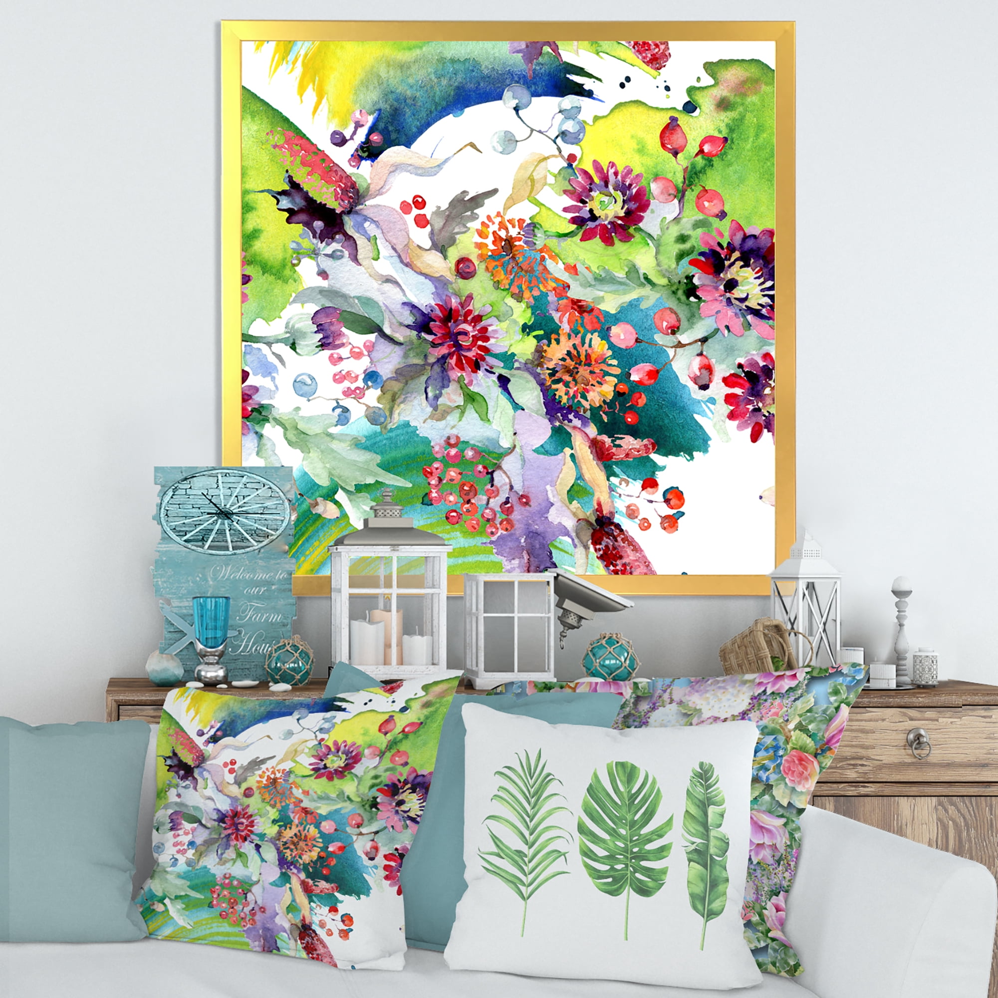 Wildflowers and Vibrant Wild Spring Leaves X 16 in x 16 in Framed Painting Canvas Art Print, by Designart