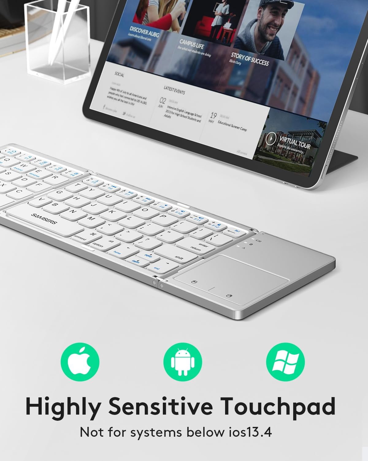 Foldable Bluetooth Keyboard with Touchpad - Portable Wireless Keyboard with Holder, Rechargeable Full Size Ultra Slim Pocket Folding Keyboards for Android Windows iOS Tablet & Laptop - Black