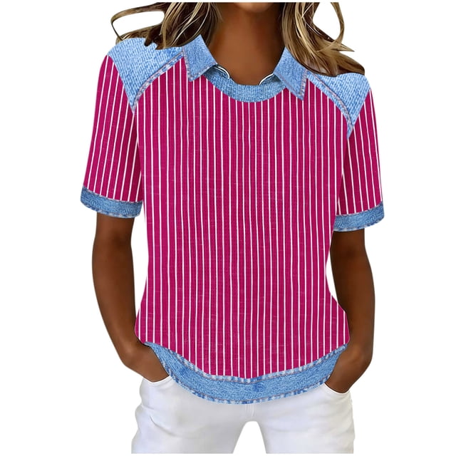 Tops de Manga Corta para las Mujeres Camiseta Suelta de Primavera Y Verano con Solapa Casual