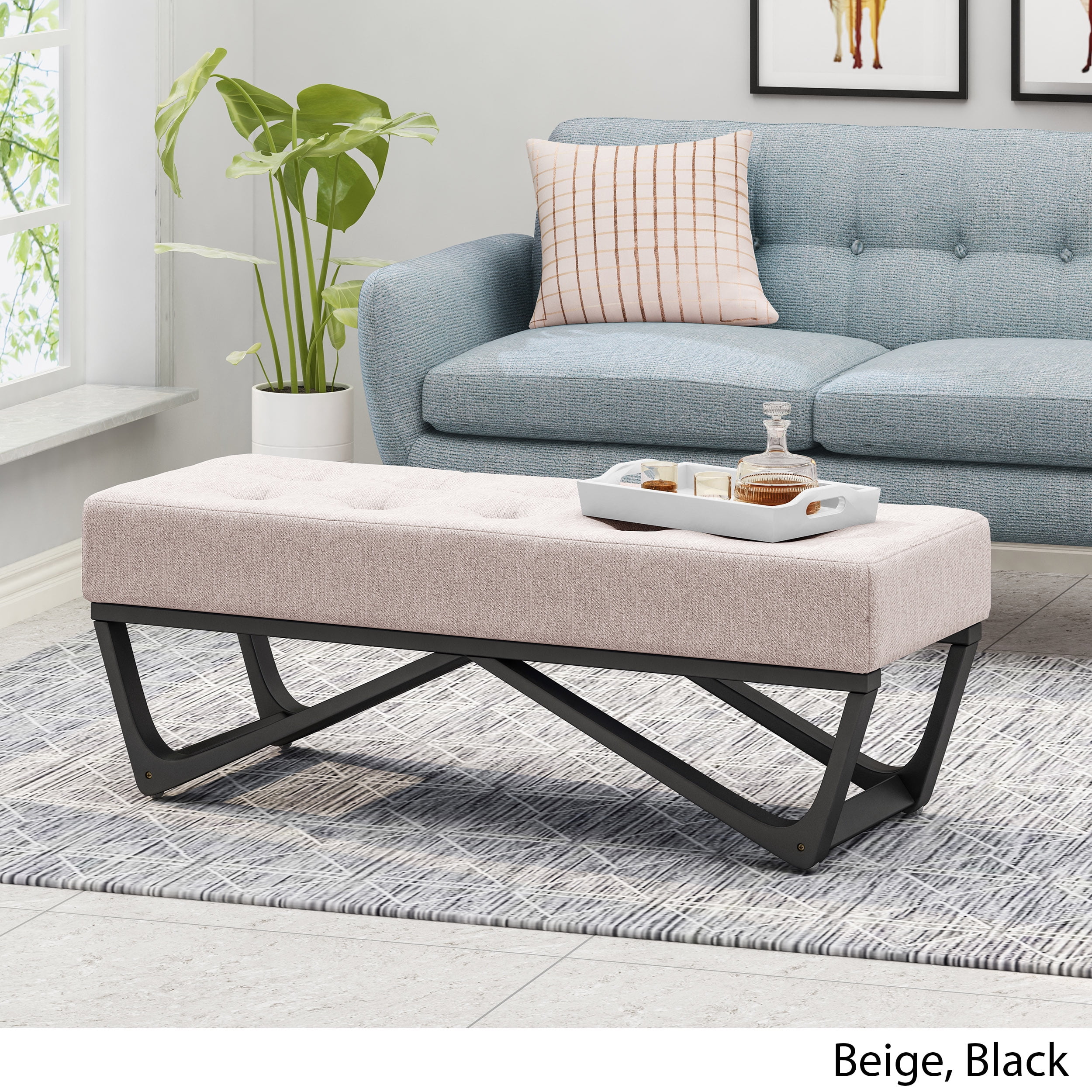 Emily Contemporary Fabric Ottoman Bench, Beige and Black