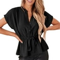 thumbnail image 4 of Kcodviy Women's Solid Color Casual Womens Tops Button Up Batwing Sleeve Short Sleeve Blouses for Juniors Chiffon Blouse with Ruffle Women Tan Blouses Trim, 4 of 4
