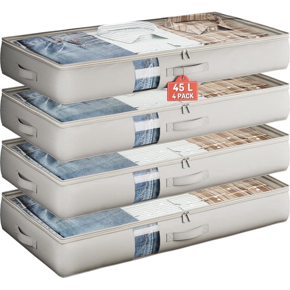 45L Under Bed Storage Containers, 4-Pack Storage Bins with Clear Top, Foldable Closet Organizers and Storage with Label Holder for Clothing, Blankets, Comforter & Pillows