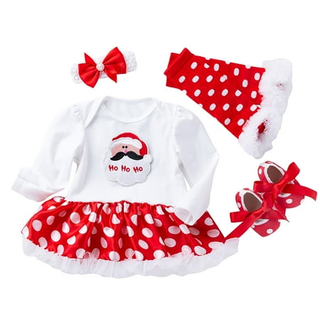 

EHTMSAK Newborn Infant Baby Toddler Girl Outfits Clothing Set Long Sleeve Christmas One Piece Dress Bodysuit and Shoes Tights Set with Headband White 0-2Y 80
