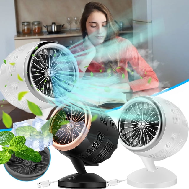 Turboventilador portátil USB de doble pala - Mini ventilador de circulación de 2 velocidades con diseño de motor de avión y almohadilla de absorción de impactos