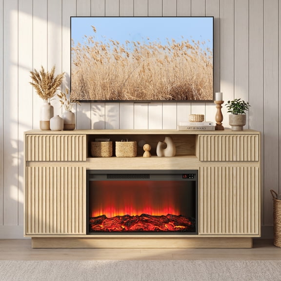 SESSLIFE Fireplace TV Stand for 70 Inch TV, 31'' Tall Mid Century Modern Fluted TV Stand with 2 Cabinets & Drawers, Entertainment Center with 3D Flame Electric Fireplace Heater, Natural Oak