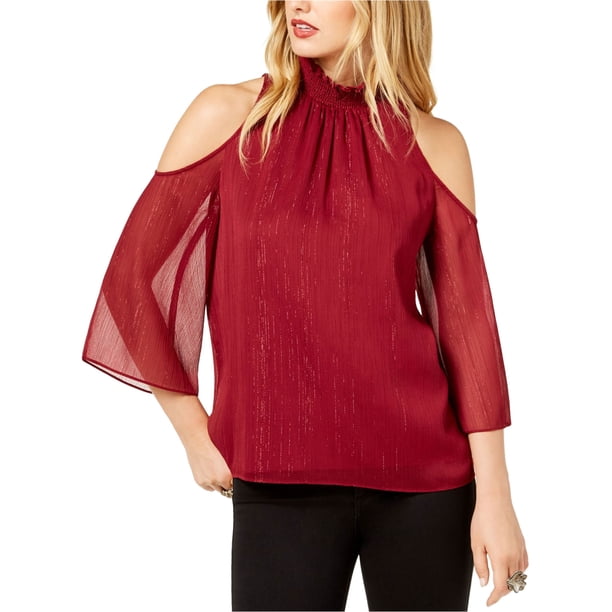 Rachel Zoe Blusa con hombros descubiertos y mangas acampanadas metálicas para mujer, rojo, grande