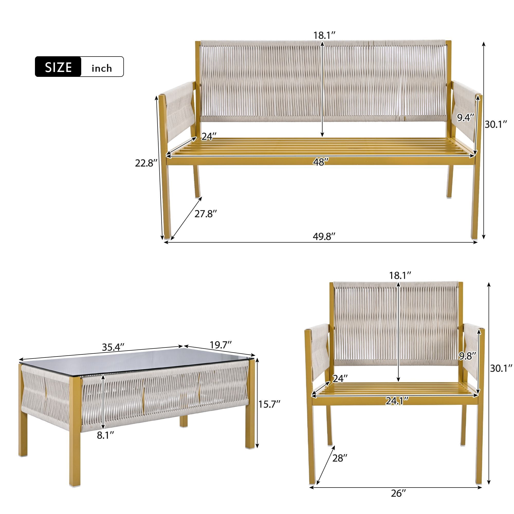 DEALTOPS 4-Piece Rope Patio Furniture Set, Outdoor Furniture with Tempered Glass Table, Patio Conversation Set Deep Seating with Thick Cushion for Backyard Porch Balcony-Beige&Mustard Yellow