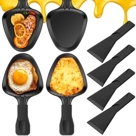 Austok 4 Pack Non Stick Coated Mini Grill Cheese Pan Mini Raclette Grill Pans with 4 Nylon Shovel Melting Accessories for Raclette Dishes