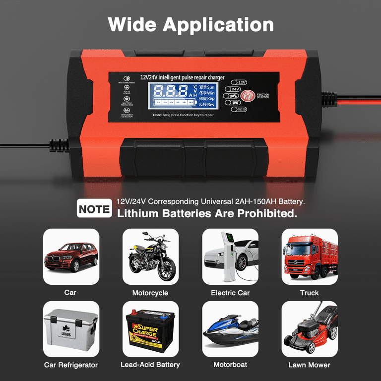 10-Amp Car Battery Charger, 12V 24V Automatic Smart Battery Maintainer  Trickle Charger, Battery Charger Battery Desulfator with Temp Compensation  for