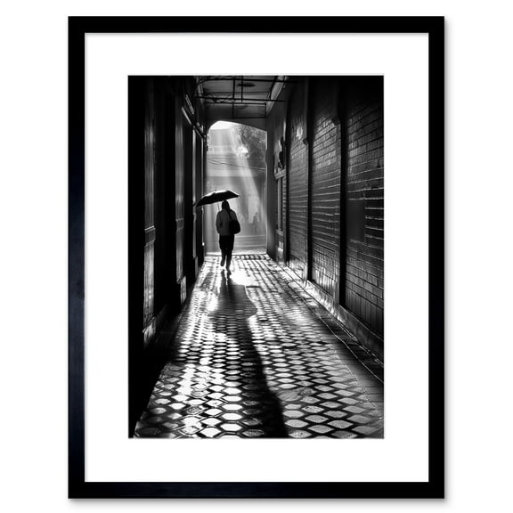 Walking Through the Alley Black and White Photo Artwork Framed Wall Art Print 9X7 Inch