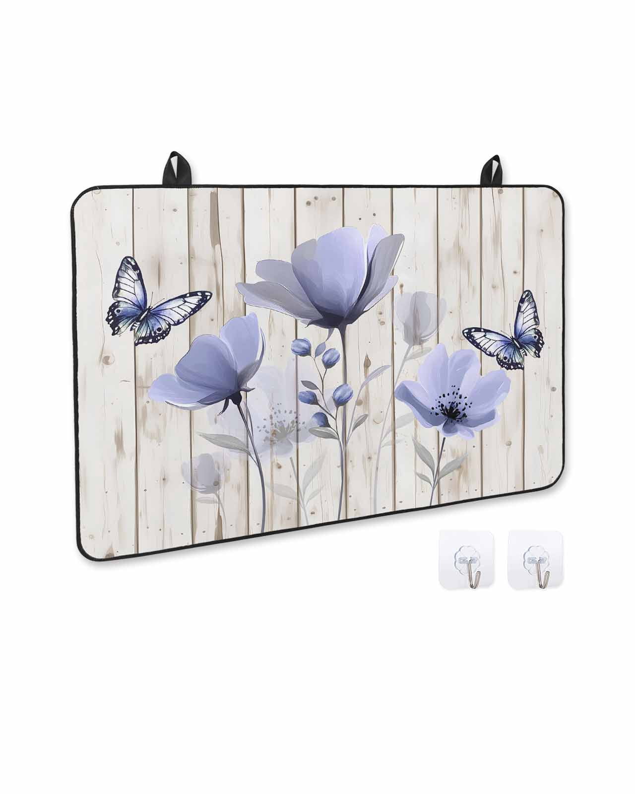 nqOlkjepod Large Induction Cooktop Protector Mat 36"x21", Purple Tulip Stove Top Covers for Electric Stove, Spring Flowers Butterfly Wooden Grain Stove Burner Cover Mats, Glass Top Stove Cover