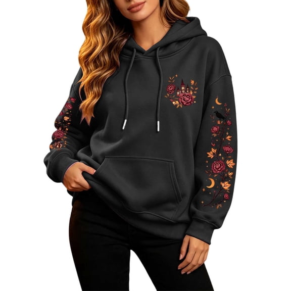 Bainana Halloween Hoodie Women Graphic Hooded Shirt Comfortable Spooky Season Hoody Black L