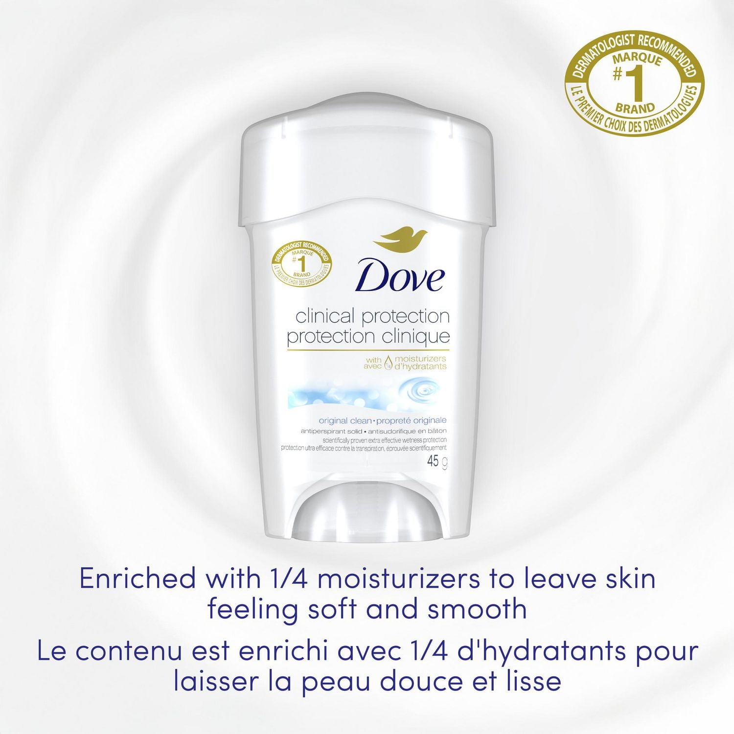 Dove Clinique Protection Antisudorifique pour Femmes Original Clean Enrichi avec 1/4 d'Hydratants 45 g