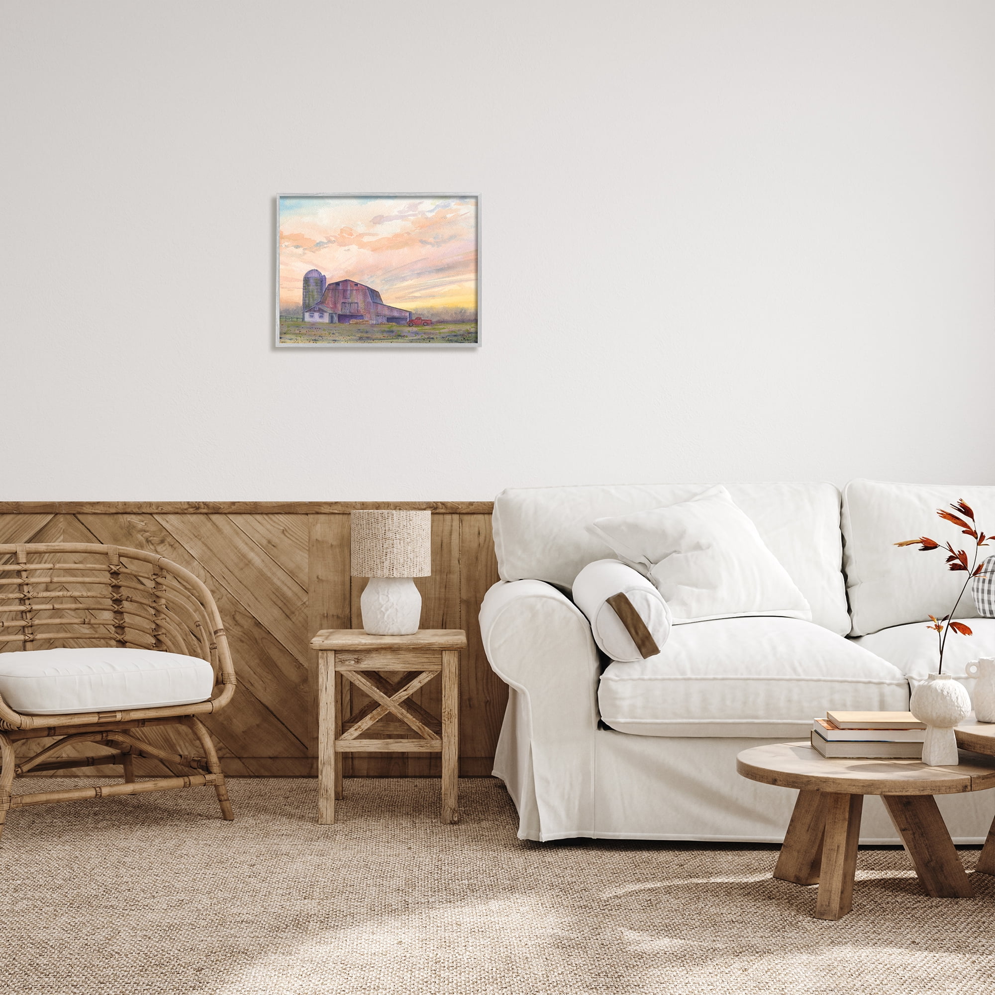 Stupell Industries Country Barn at Sunrise Nature Painting Gray Framed Art Print Wall Art, 20 x 16
