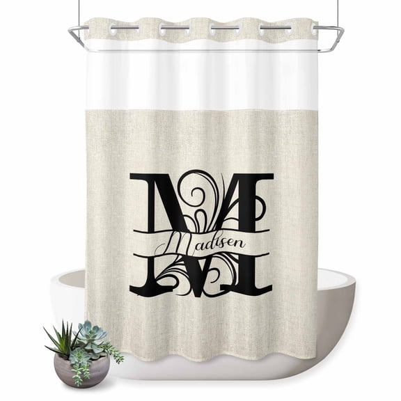 No Hook Shower Curtain for Bathroom, Letter M Waterproof Hotel Quality Shower Curtains, Monogram Words Single Layer & Mesh Top Washable Fabric Bath Curtain Decor 48''x72''