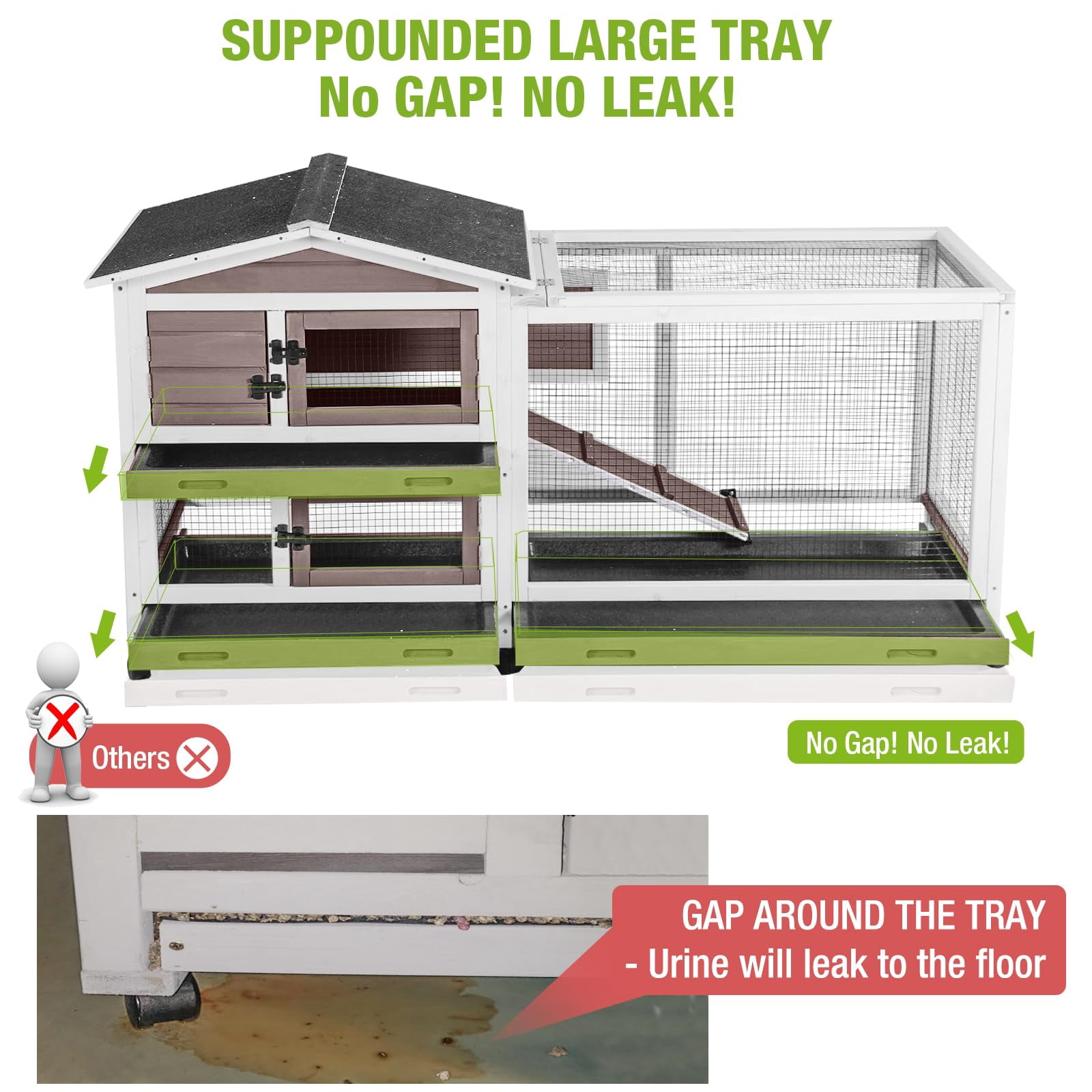 BUTINGLALE Rabbit Hutch with Chew-Resistant Ramp Indoor Bunny Cage Outdoor Guinea Pig Cage with Wheels and Leakproof Tray