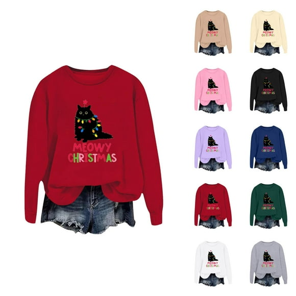 Meowy Christmas Sweatshirts for Women 2025 Long Sleeve Crewneck Cute Black Cat Graphic Sweatshirt Pullover Tops