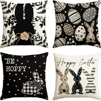 Happy Easter Be Hoppy Rabbit Easter Eggs Black Throw Pillow Covers, 20 x 20 Inch Cushion Case Decoration for Sofa Couch Set of 4