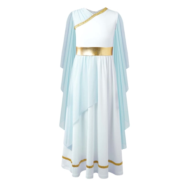 Robe Romaine pour Filles Grecques Enfants, Toge de la Grèce Antique, Robe de Rome, Princesse, Noblesse, Cosplay, Déguisement, Bleu Pâle 14