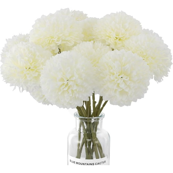 12 Pcs Artificial Chrysanthemums Flowers Silk Ball White Flowers Fake Mums Spring Flowers for Valentine‘s Day Wedding Home Decor (12, White)