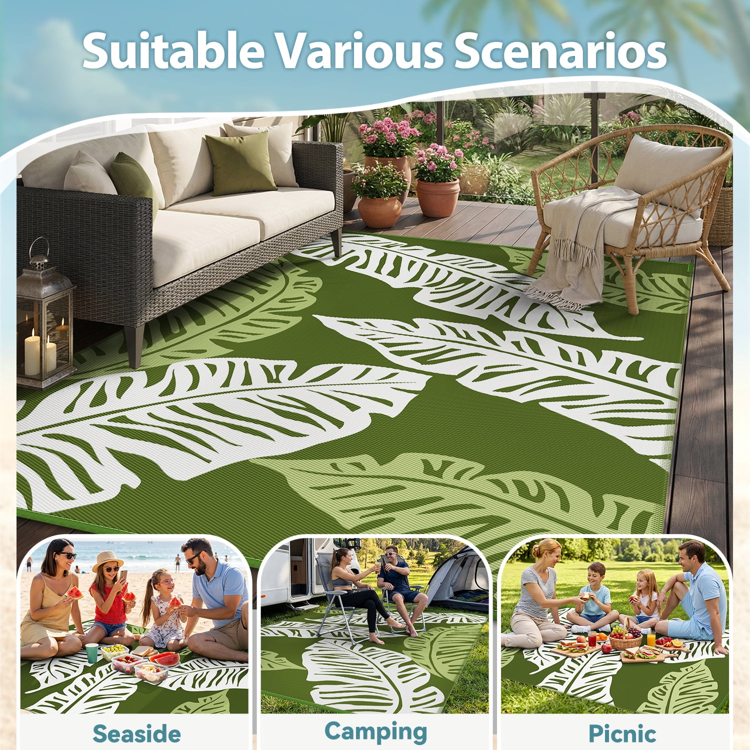 VUNATE Outdoor Rug Carpet 9'x12' Waterproof Reversible Patio Rug Portable Indoor Outdoor Rug Plastic Straw Rug for Beach RV Camping Garden Picnic Deck Backyard Tropical Porch Decor Green