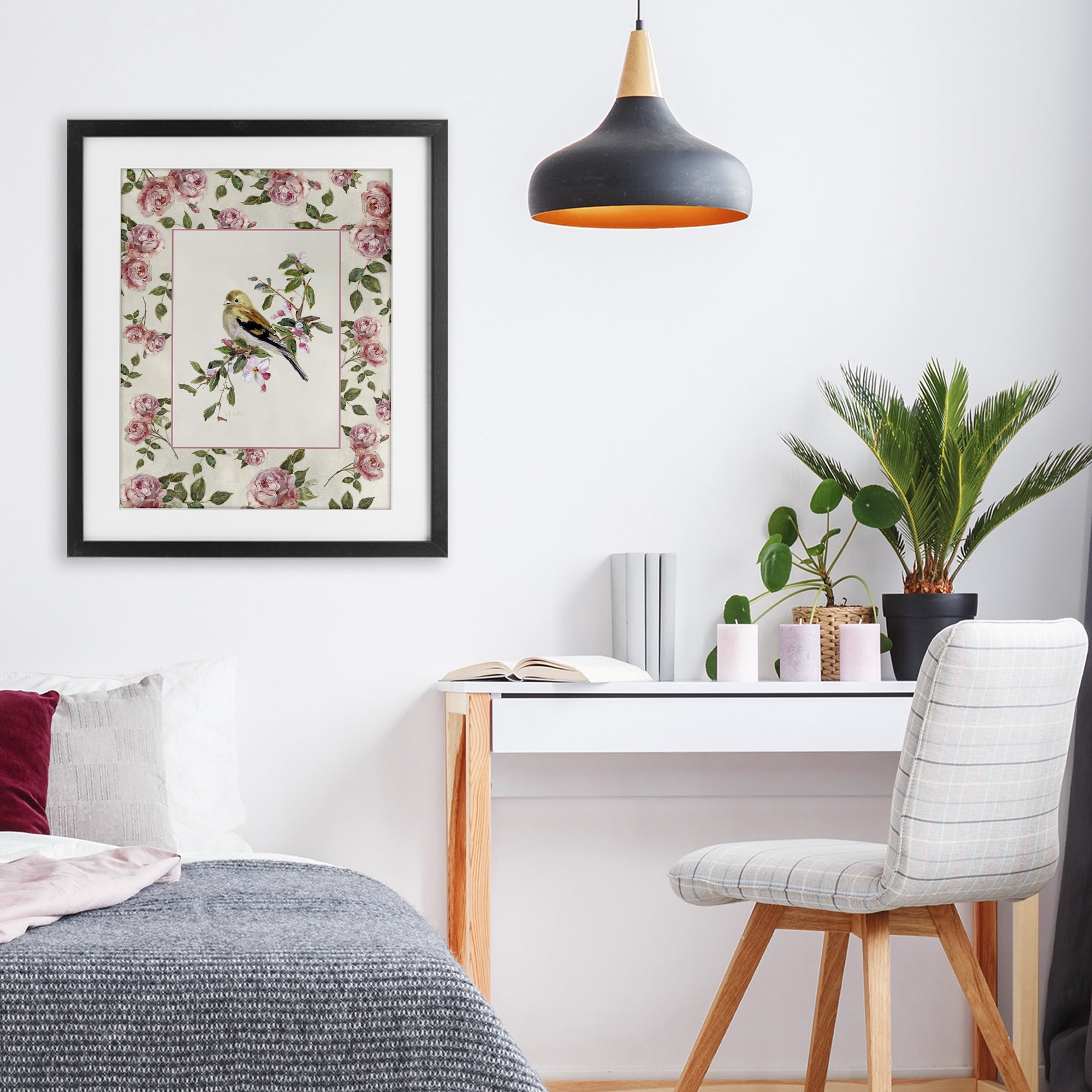 Stupell Industries Perched Bird with Dainty Roses Black Framed Print Under Glass, design by Sally Swatland