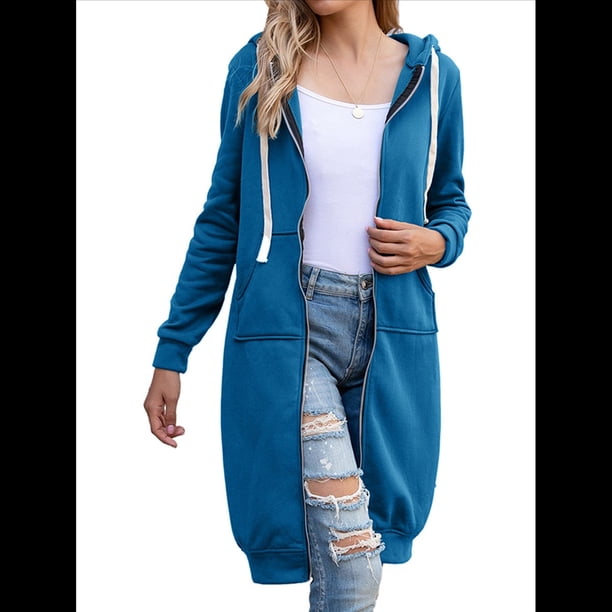 Sudadera con Capucha y Cremallera para Mujer, Chaqueta Informal de Larga para Otoño, Chaquetas Largas de Otoño con Bolsillos, Túnica Azul XXL
