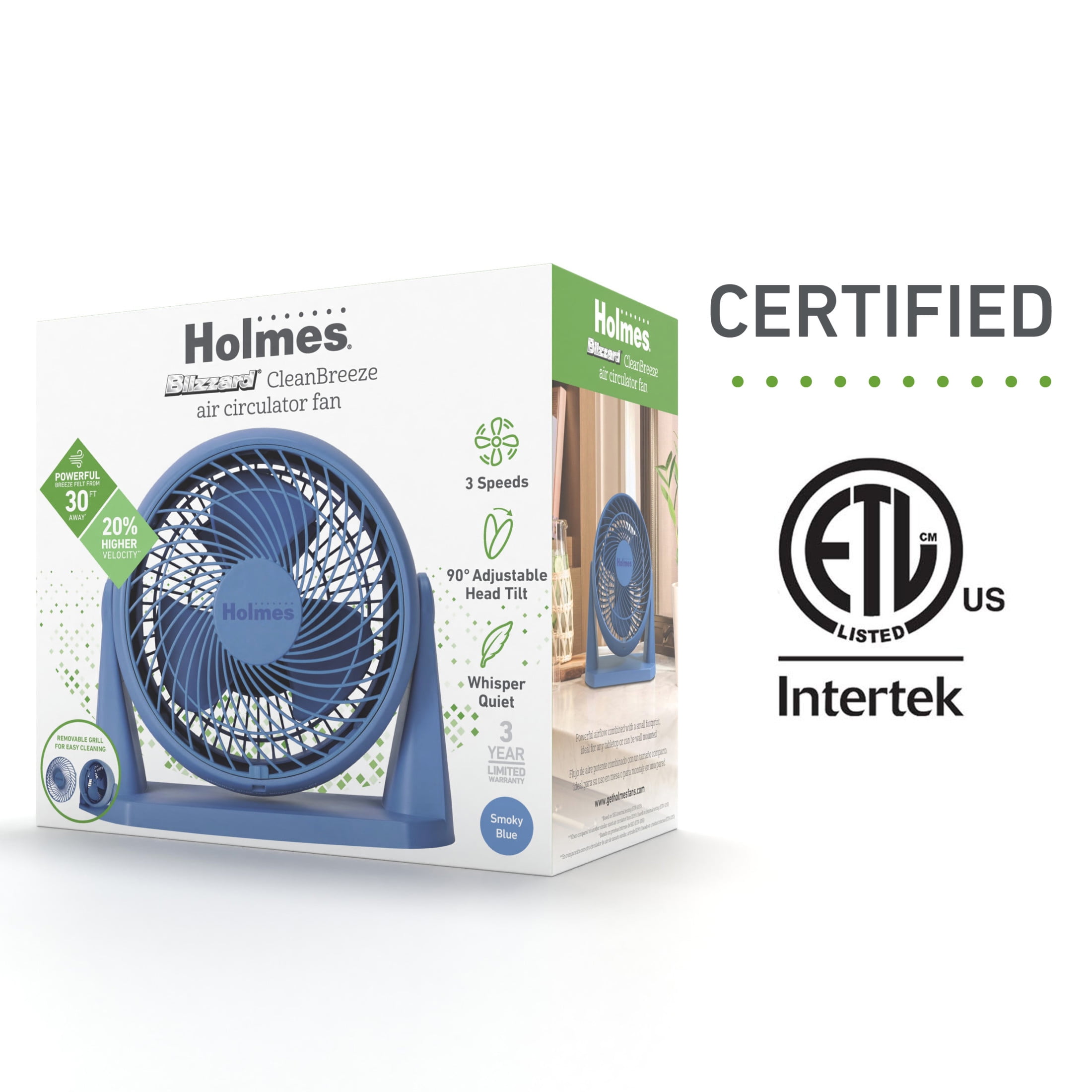 Holmes Blizzard Air Circulator Fan, 3 Speeds, 90° Tilt, Removable Grill, Smoky Blue