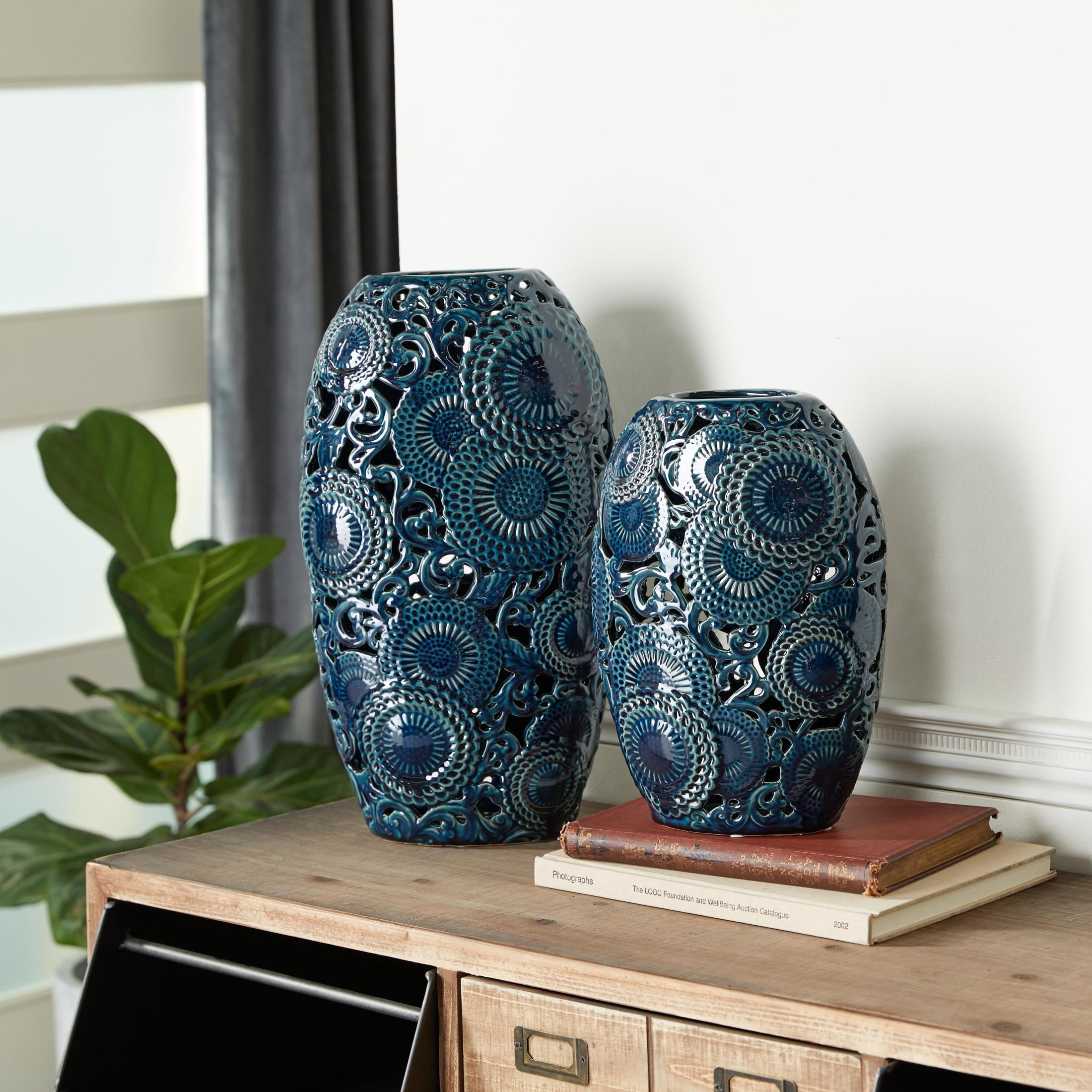DecMode 18", 13"H Floral Blue Ceramic Vase with Cut Out Patterns, Set of 2