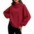 thumbnail image 2 of TKKCS Womens Corduroy High Neck Tops- Loose Fit Balloon Long Sleeve Pullover Soft Knit Casual Fashion Blouse Red Size L, 2 of 8