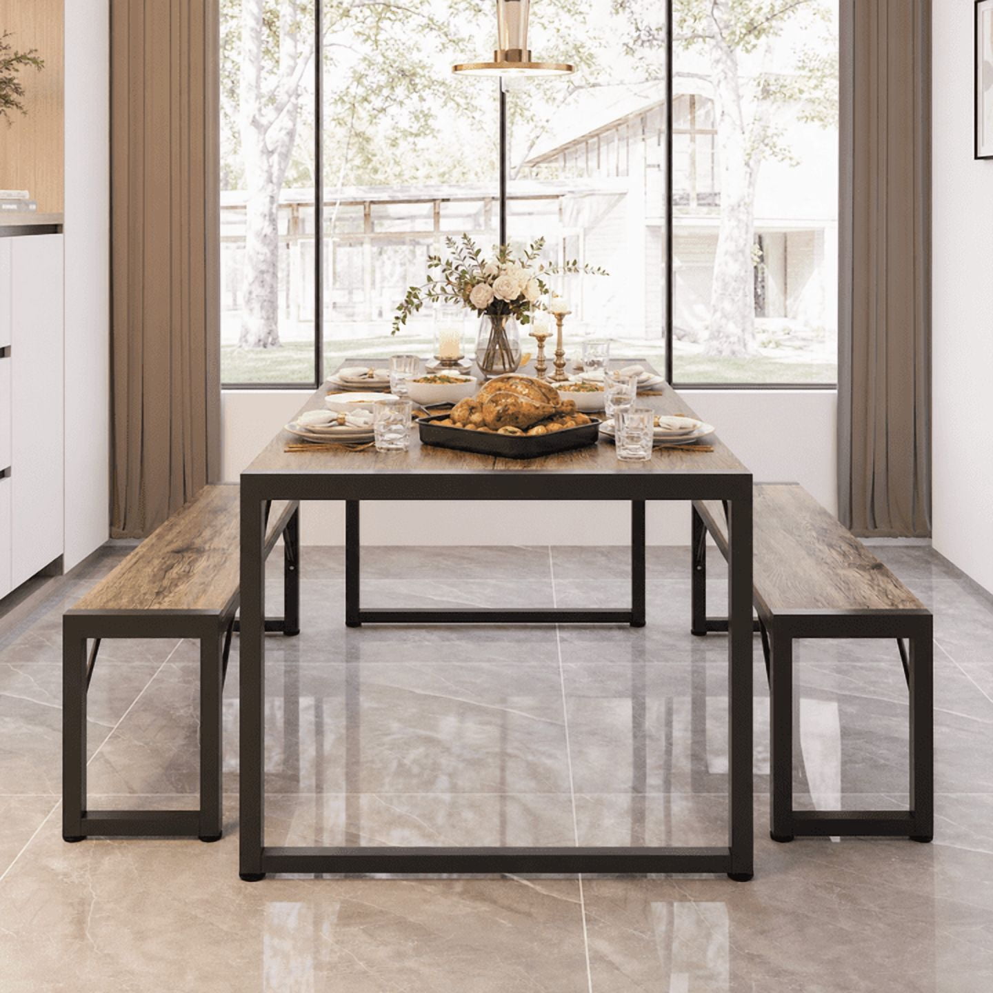Aiho 45.5" Dining Table Set for 4, Kitchen Table with 2 Benches, Wood Dinette Sets with Metal Frame - Gray