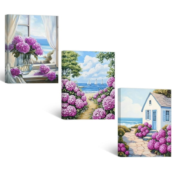 FCCUYE Coastal Wall Art 3 Piece Canvas Hydrangea Flower Wall Decor Seascape Floral Pictures for Bathroom Living Room Decor Frame(Purple 12x16inchx3P (30x40cmx3P))