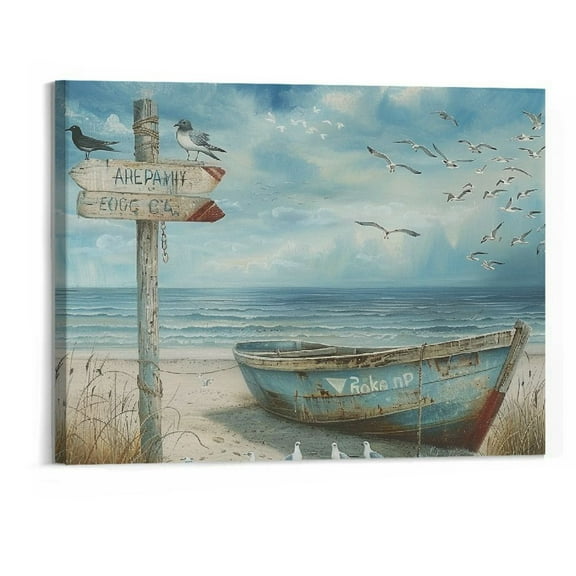 BCIIG Beach Canvas Prints Wall Art Relaxing Coastal Wall Art Abstract Large Ocean Sea Bird Nautica Wall Decor Seascape Boat Painting Stretched Canvas Wooden Framed for living Room Bedroom Office