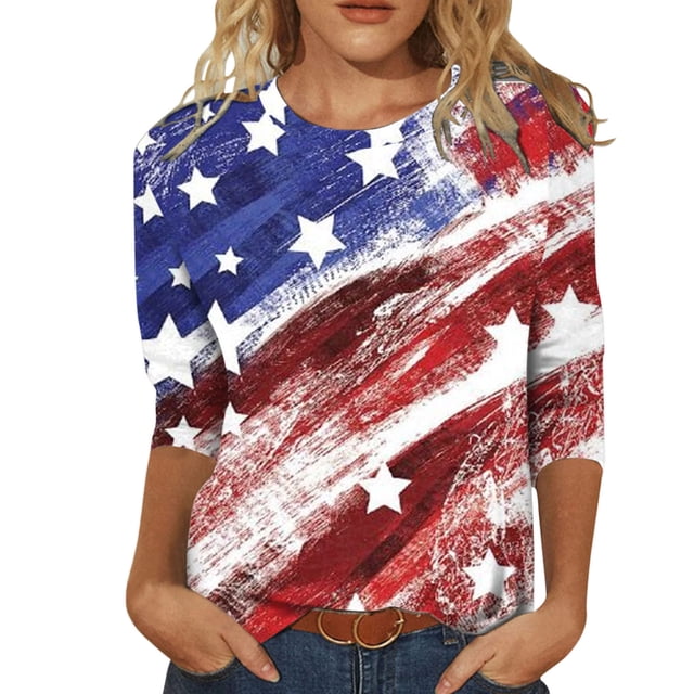 Pompotops Mode Femme Col Rond Décontracté Imprimé Drapeau Trois Quarts T-shirt Blouse