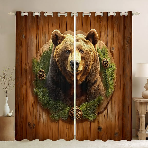 Homewish Wild Animal Bear Black Out Curtains,Country Pine Cone Curtains Pack of 2 (42x63 Each),Rustic Farmhouse Cabin Bedroom Curtains For Kids,Luxury Bedroom Decor